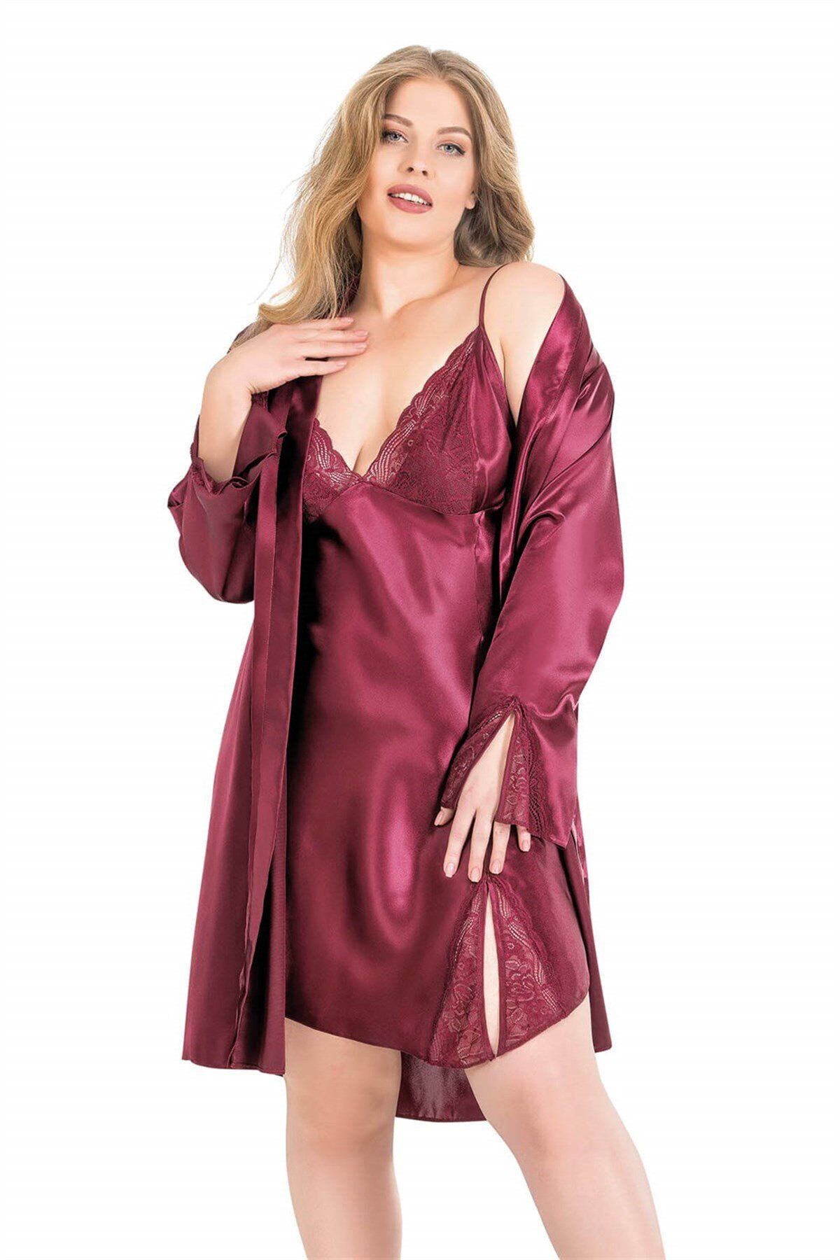 Aria's Closet Büyük Beden Bordo Kısa İkili Saten Sabahlık Gecelik Takımı 6156