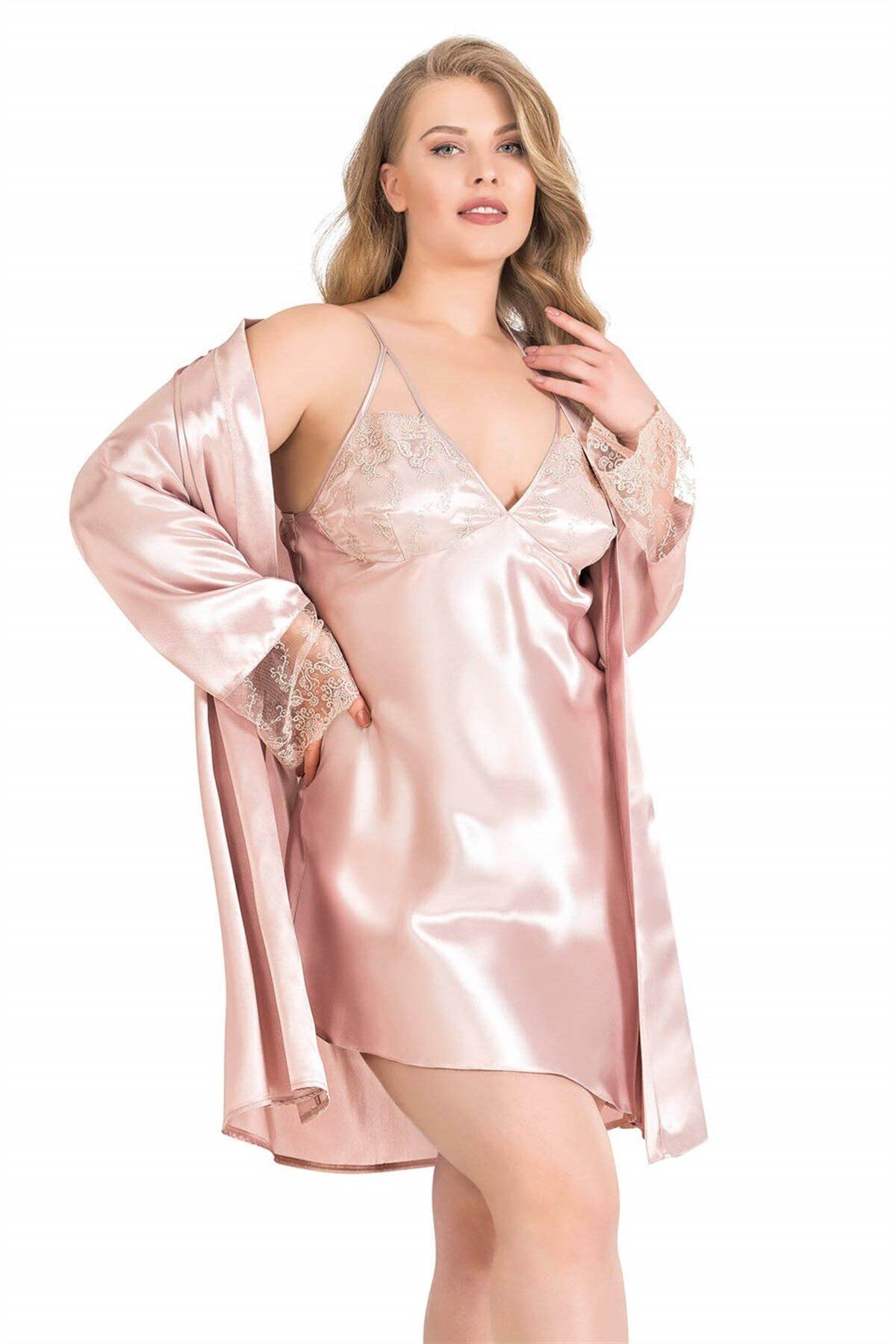 Aria's Closet Büyük Beden Pudra Kısa İkili Saten Sabahlık Gecelik Takımı