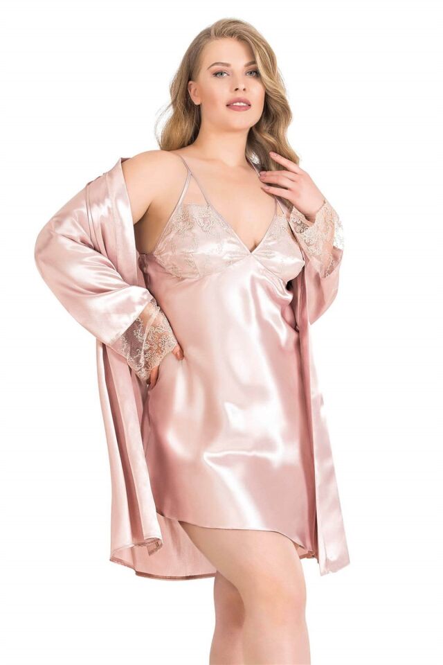 Aria's Closet Büyük Beden Pudra Kısa İkili Saten Sabahlık Gecelik Takımı