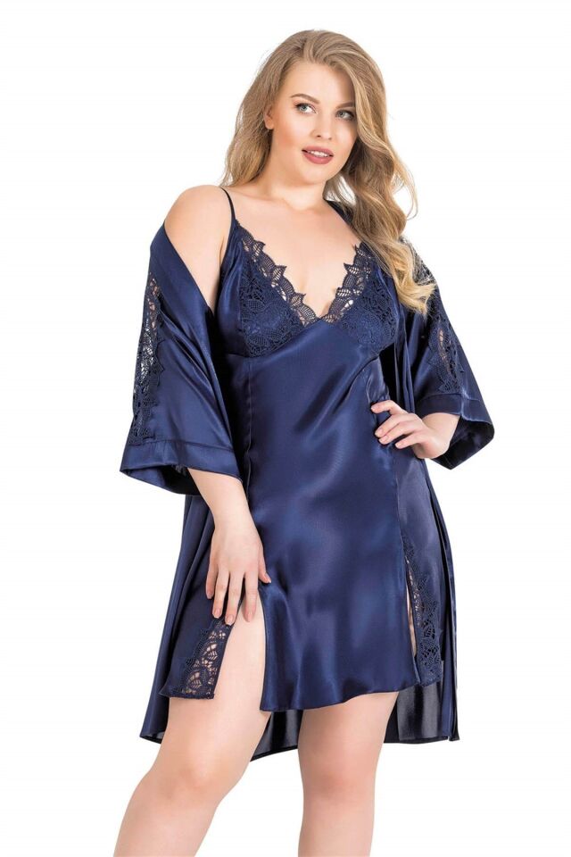 Aria's Closet Büyük Beden Lacivert Kısa İkili Saten Sabahlık Gecelik Takımı