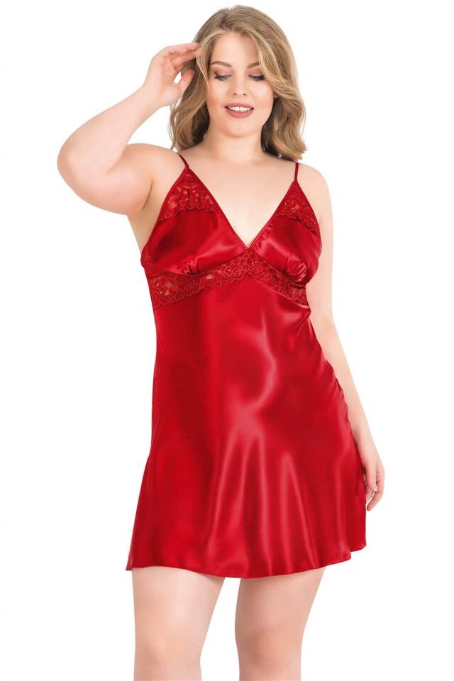 Aria's Closet Büyük Beden Kırmızı Kısa İkili Saten Sabahlık Gecelik Takımı