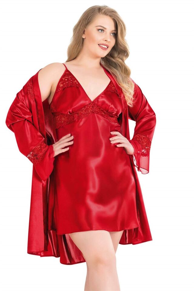 Aria's Closet Büyük Beden Kırmızı Kısa İkili Saten Sabahlık Gecelik Takımı