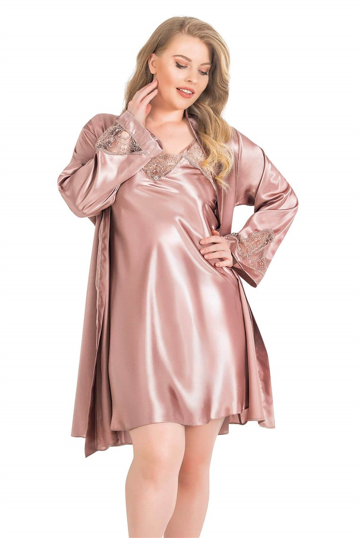 Aria's Closet Büyük Beden Vizon Kısa İkili Saten Sabahlık Gecelik Takımı