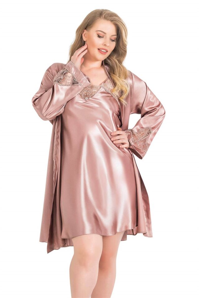 Aria's Closet Büyük Beden Vizon Kısa İkili Saten Sabahlık Gecelik Takımı