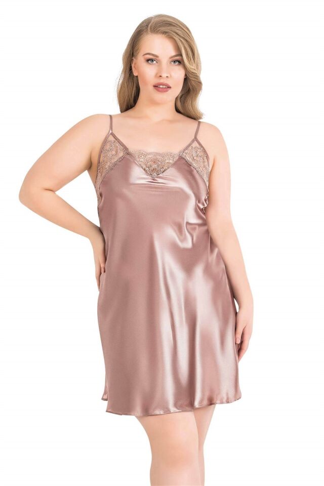 Aria's Closet Büyük Beden Vizon Kısa İkili Saten Sabahlık Gecelik Takımı