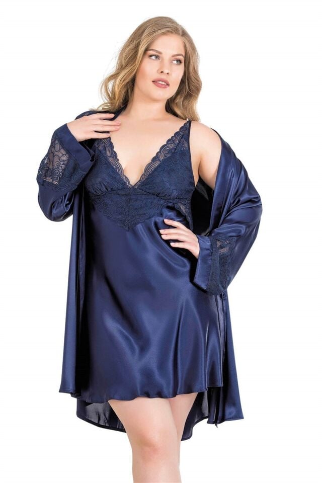 Aria's Closet Büyük Beden Lacivert Kısa İkili Saten Sabahlık Gecelik Takımı