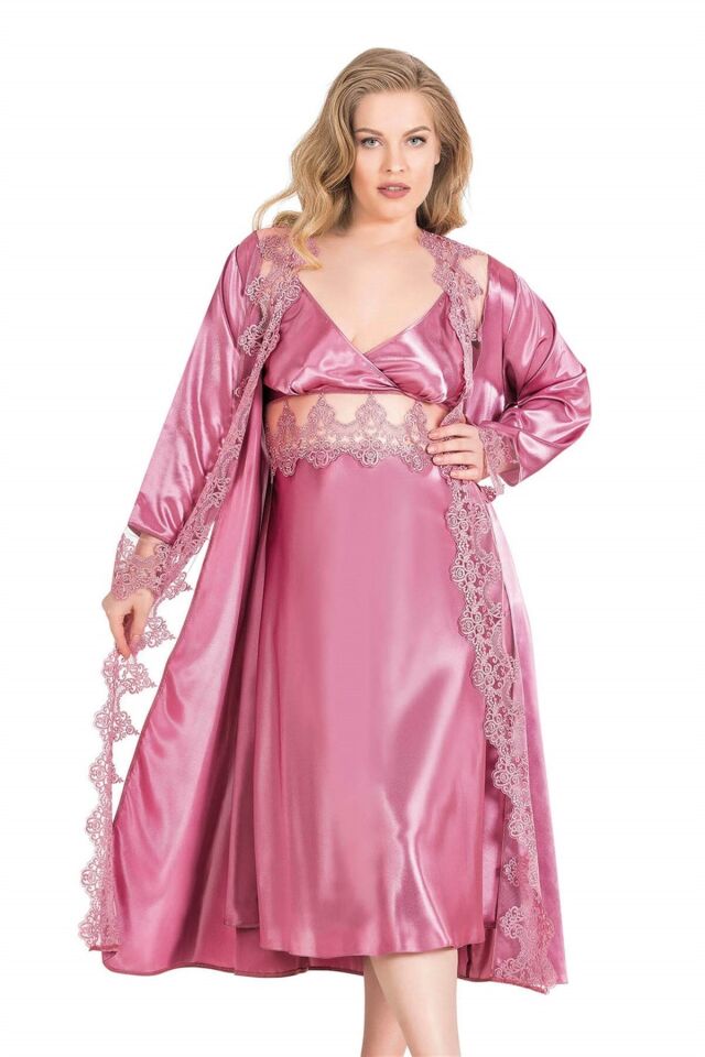 Aria's Closet Büyük Beden Gül Kurusu Uzun İkili Saten Sabahlık Gecelik Takımı
