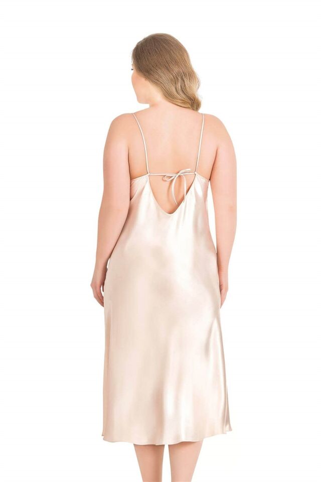 Aria's Closet Büyük Beden Fildişi Uzun İkili Saten Sabahlık Gecelik Takımı