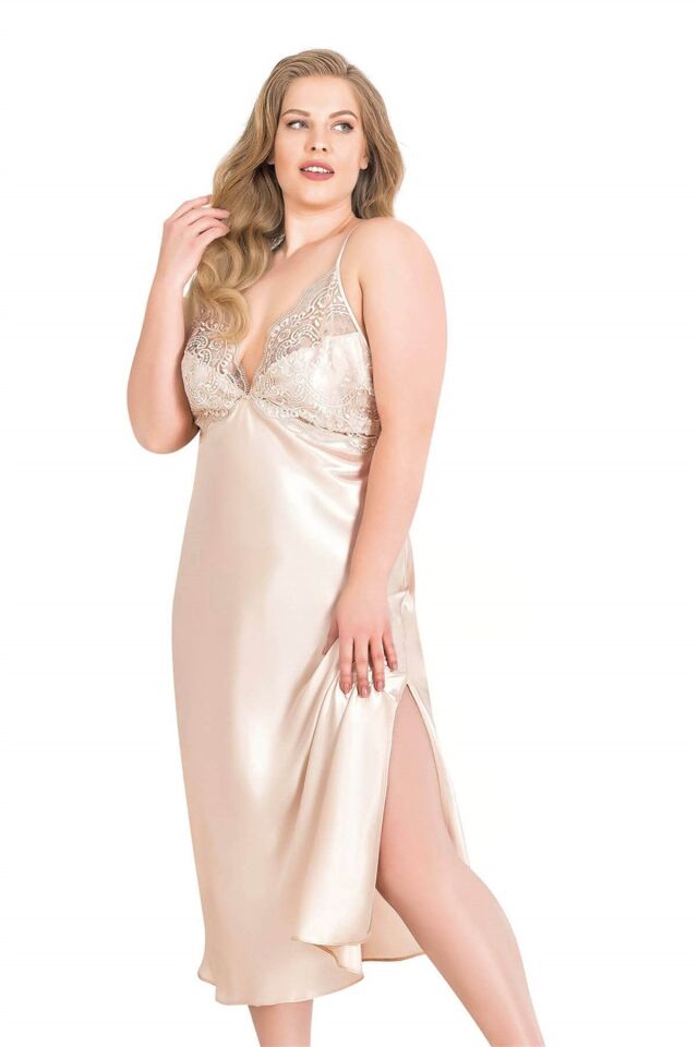 Aria's Closet Büyük Beden Fildişi Uzun İkili Saten Sabahlık Gecelik Takımı