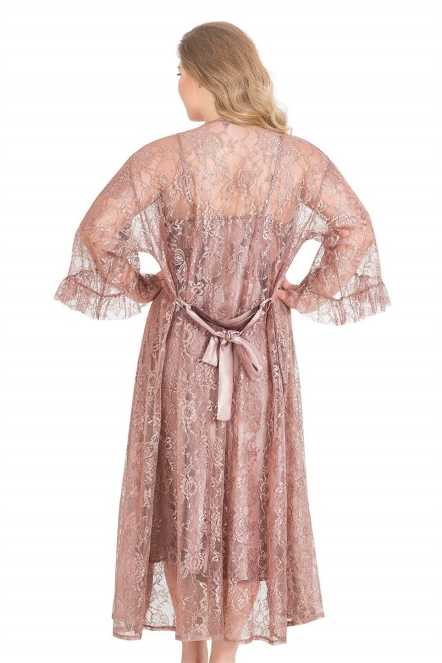 Aria's Closet Büyük Beden Vizon Uzun İkili Saten Sabahlık Gecelik Takımı