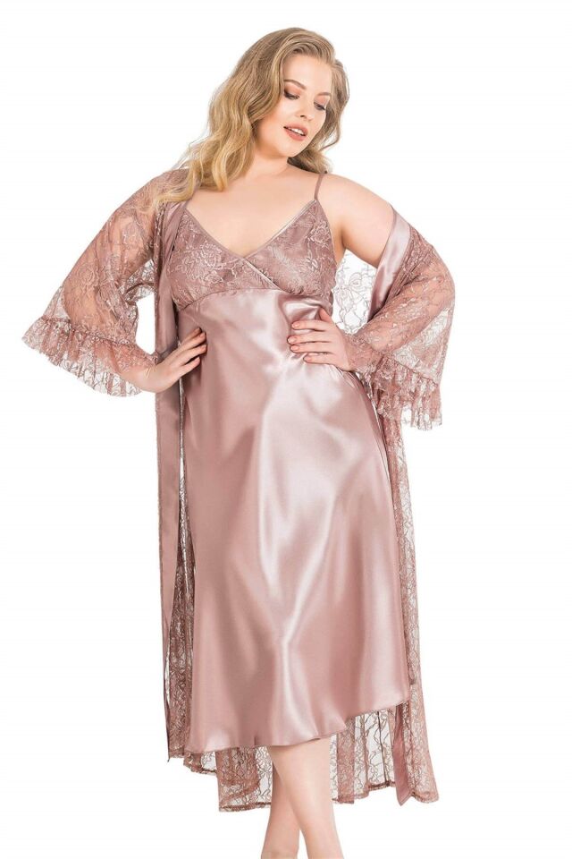 Aria's Closet Büyük Beden Vizon Uzun İkili Saten Sabahlık Gecelik Takımı