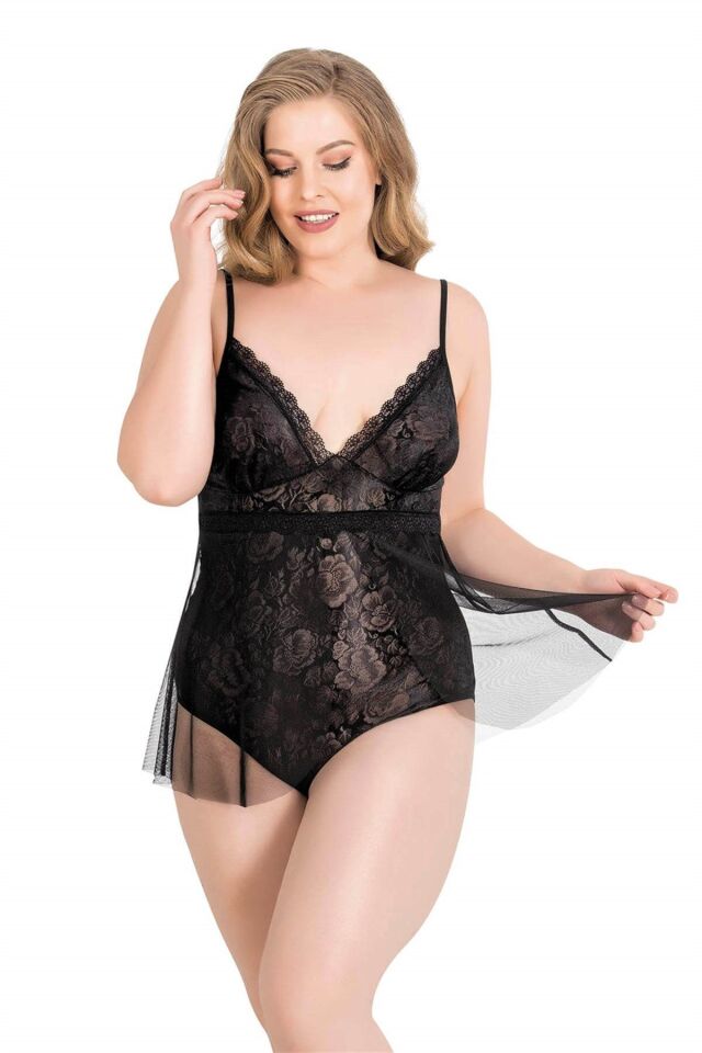 Aria's Closet Büyük Beden Siyah Bodysuit Jakarlı Gecelik