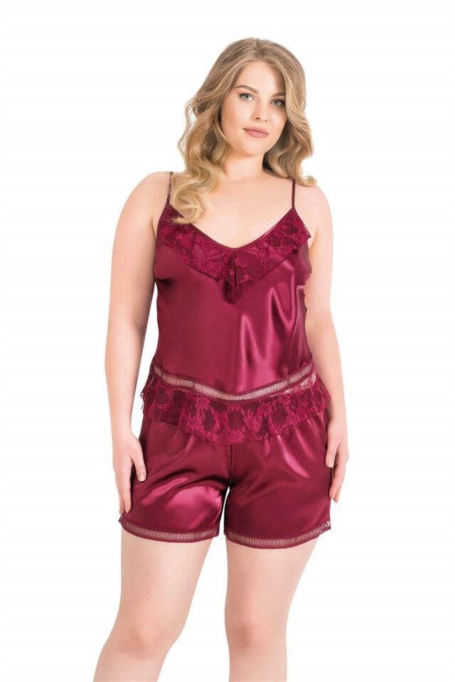 Aria's Closet Büyük Beden Bordo Saten Babydoll Şort Takımı