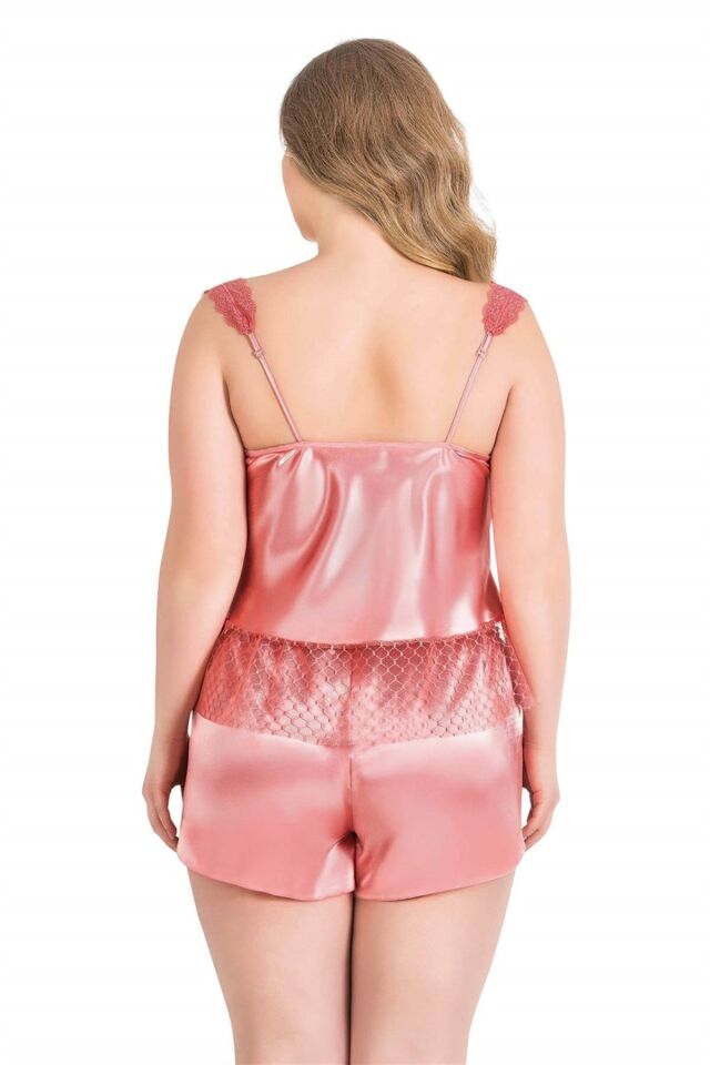 Aria's Closet Büyük Beden Mercan Saten Babydoll Şort Takımı