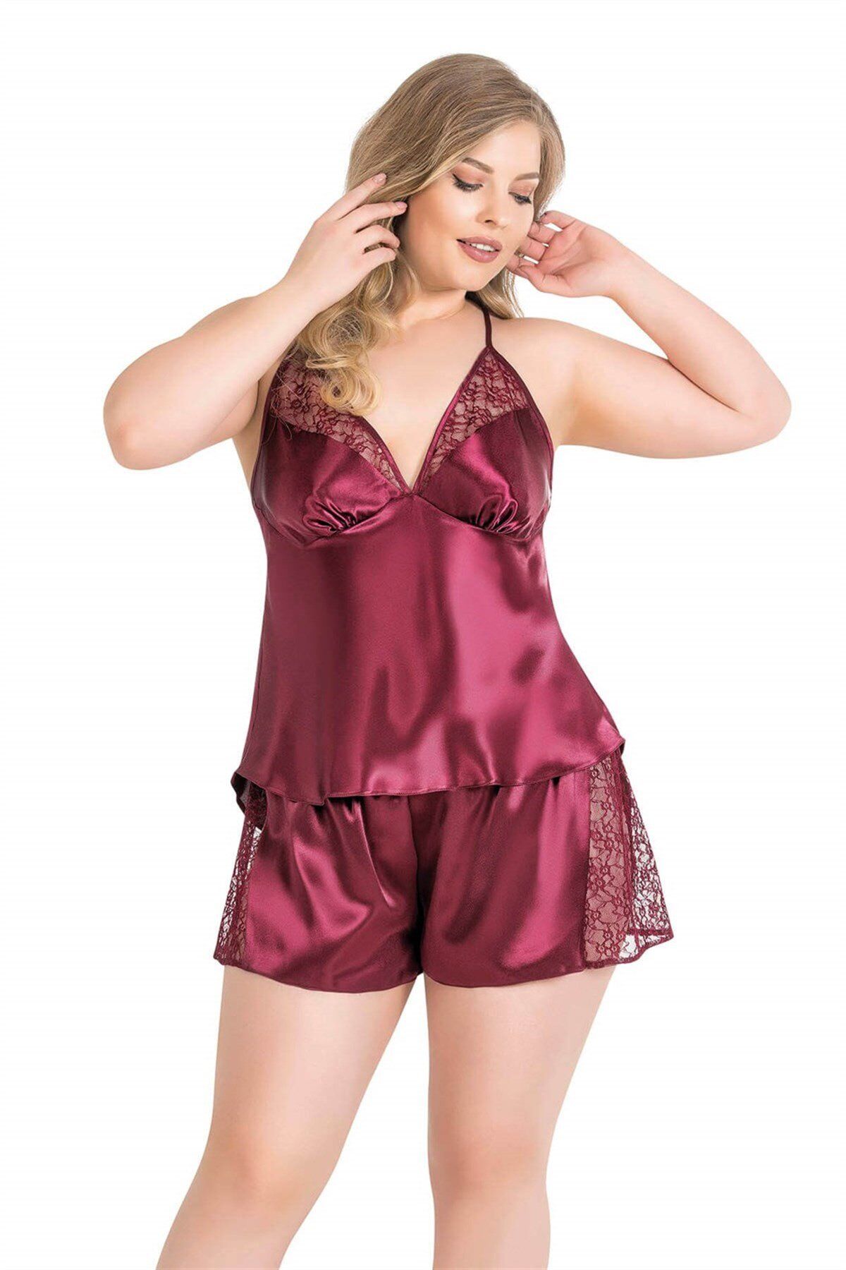 Aria's Closet Büyük Beden Bordo Saten Babydoll Şort TakımI