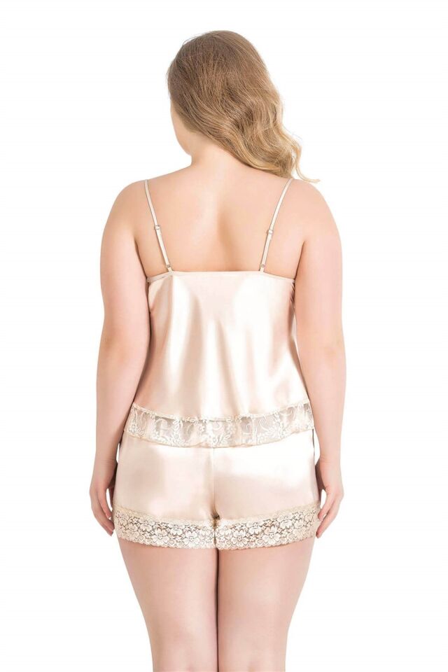 Aria's Closet Büyük Beden Fildişi Saten Babydoll Şort Takımı
