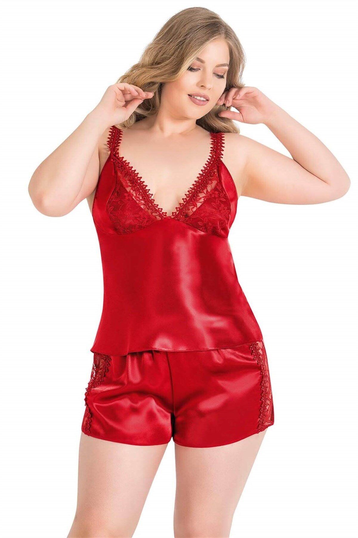 Aria's Closet Büyük Beden Kırmızı Saten Babydoll Şort Takımı