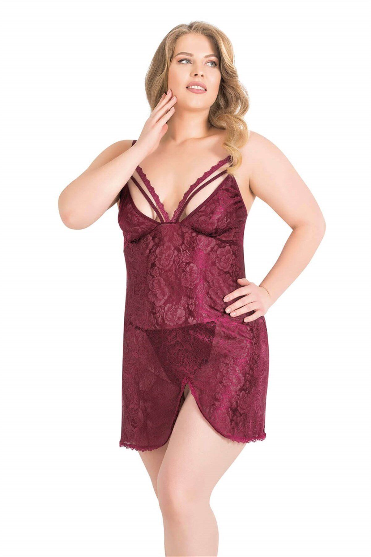 Aria's Closet Büyük Beden Bordo Kısa Jakarlı Gecelik