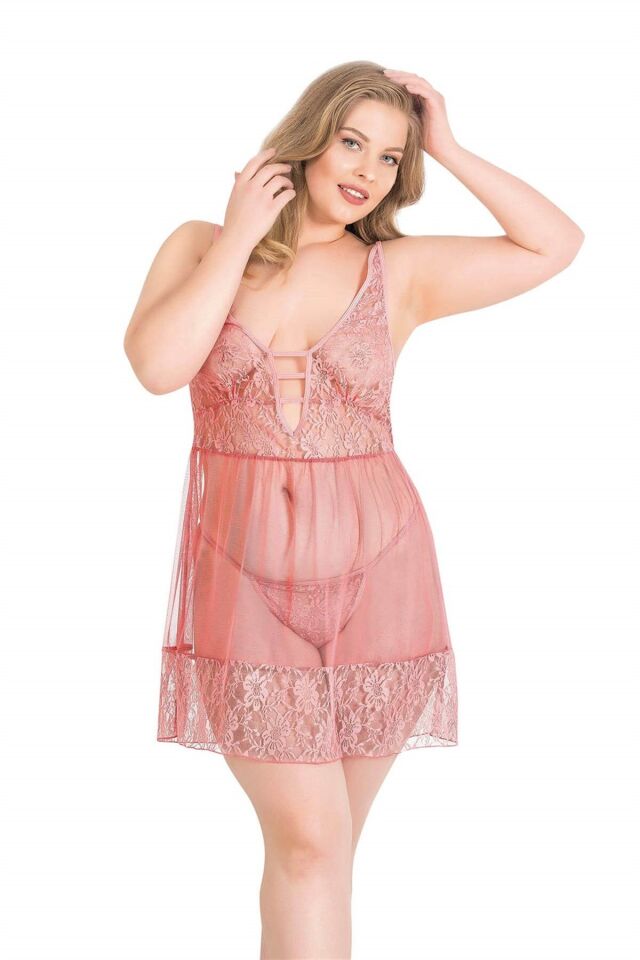 Aria's Closet Büyük Beden Mercan Kısa Tül Gecelik