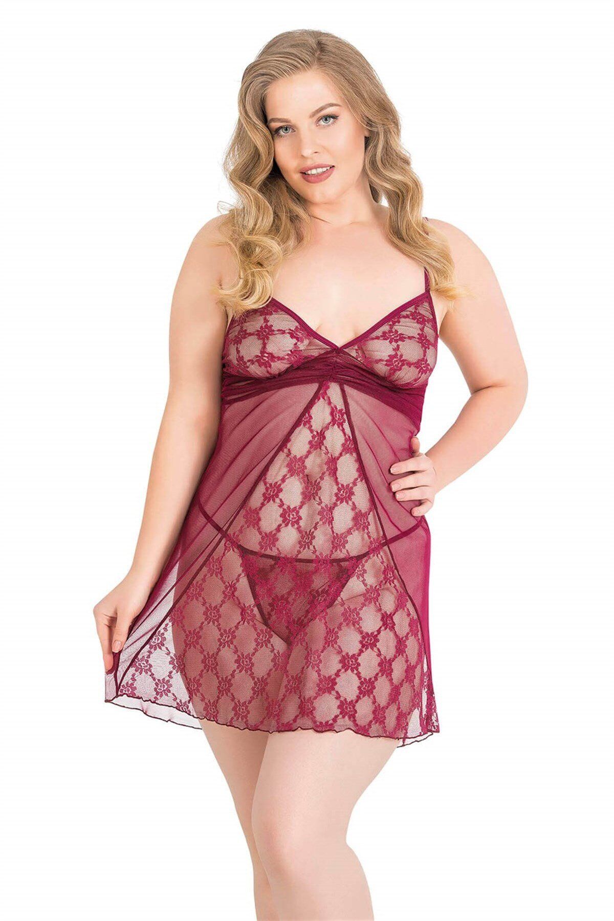 Aria's Closet Büyük Beden Bordo Kısa Tül Gecelik
