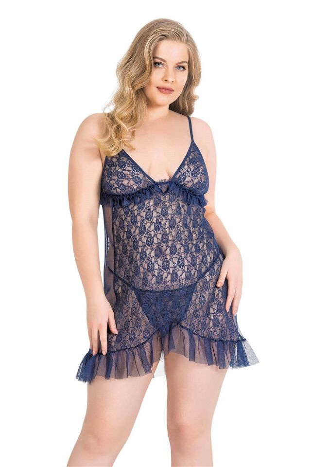Aria's Closet Büyük Beden Lacivert Kısa Tül Gecelik