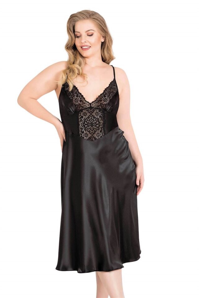 Aria's Closet Büyük Beden Siyah Uzun Saten Gecelik