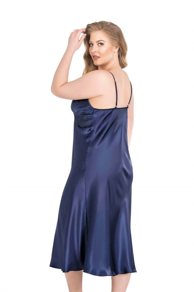 Aria's Closet Büyük Beden Lacivert Uzun Saten Gecelik