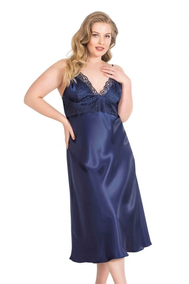Aria's Closet Büyük Beden Lacivert Uzun Saten Gecelik