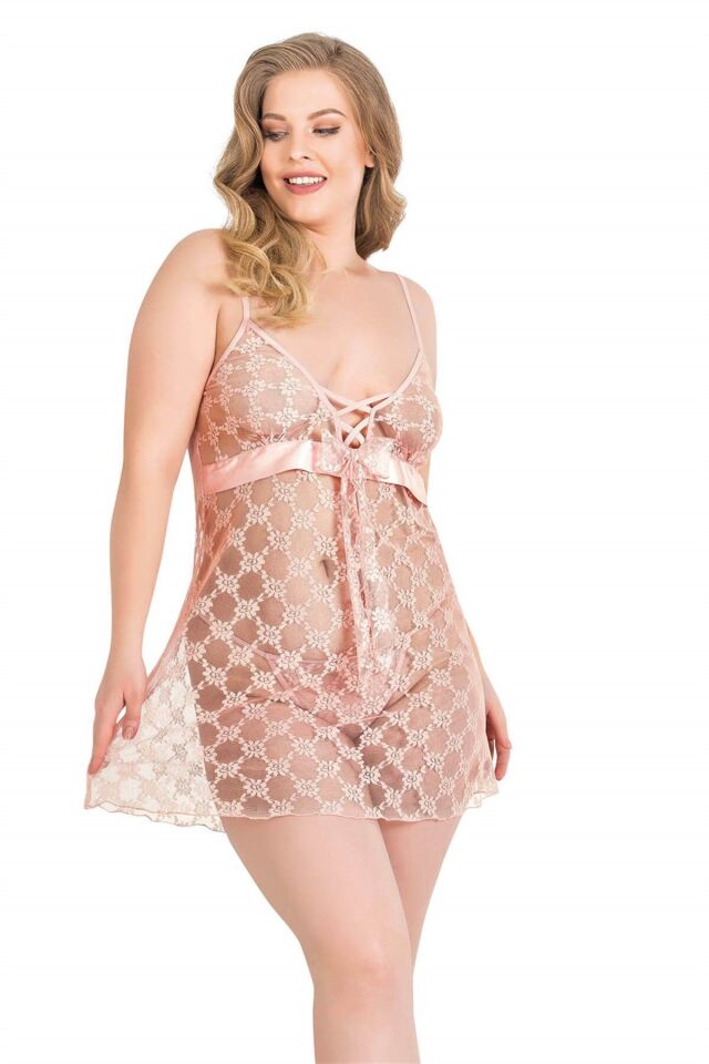 Aria's Closet Büyük Beden Somon Kısa Tül Gecelik