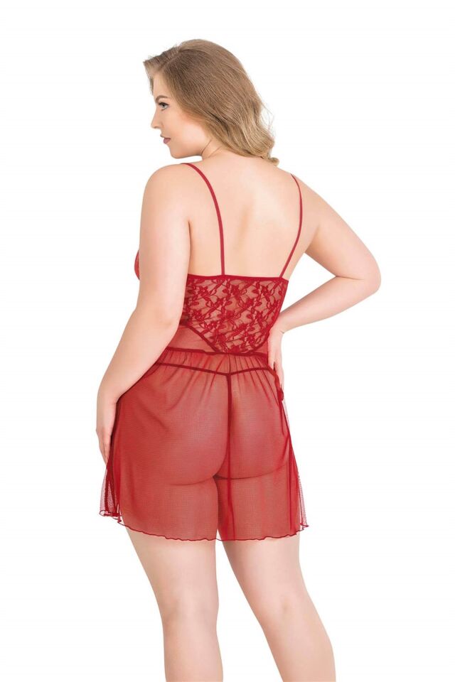 Aria's Closet Büyük Beden Kırmızı Kısa Tül Gecelik
