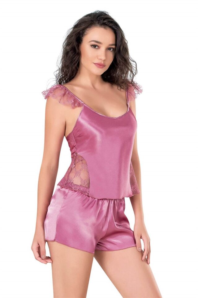 Aria's Closet Gül Kurusu Saten Babydoll Şort Takımı