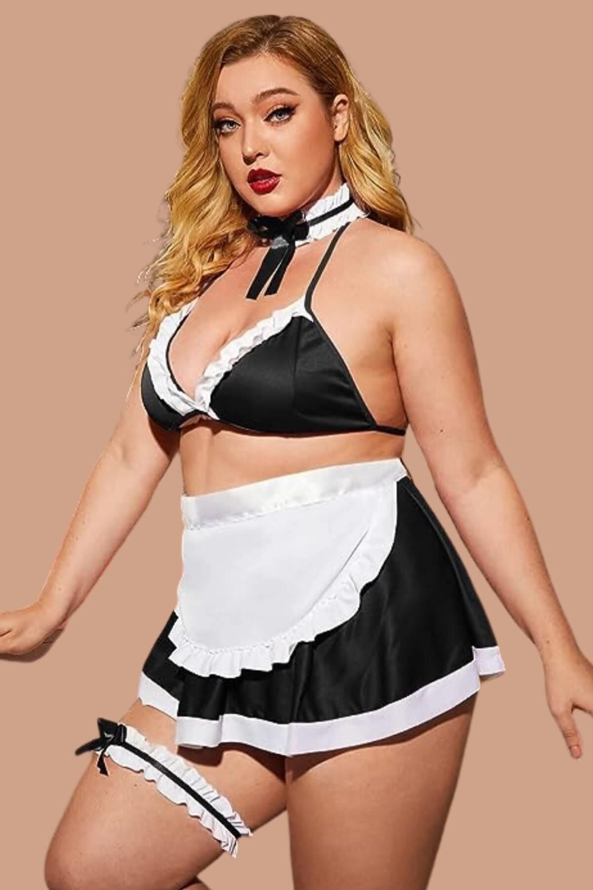 Aria's Closet Siyah Büyük Beden Yanları Saten Şık Fantezi Kostüm