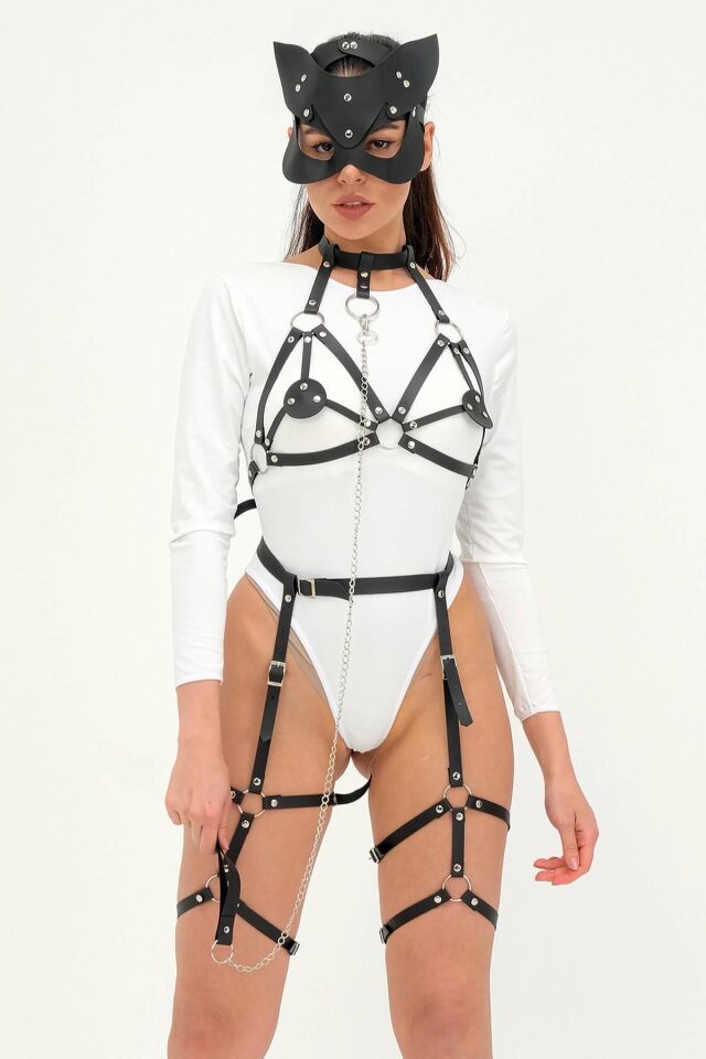 Aria's Closet Maske Sütyen ve Jartiyerli Fantezi Deri Kostüm