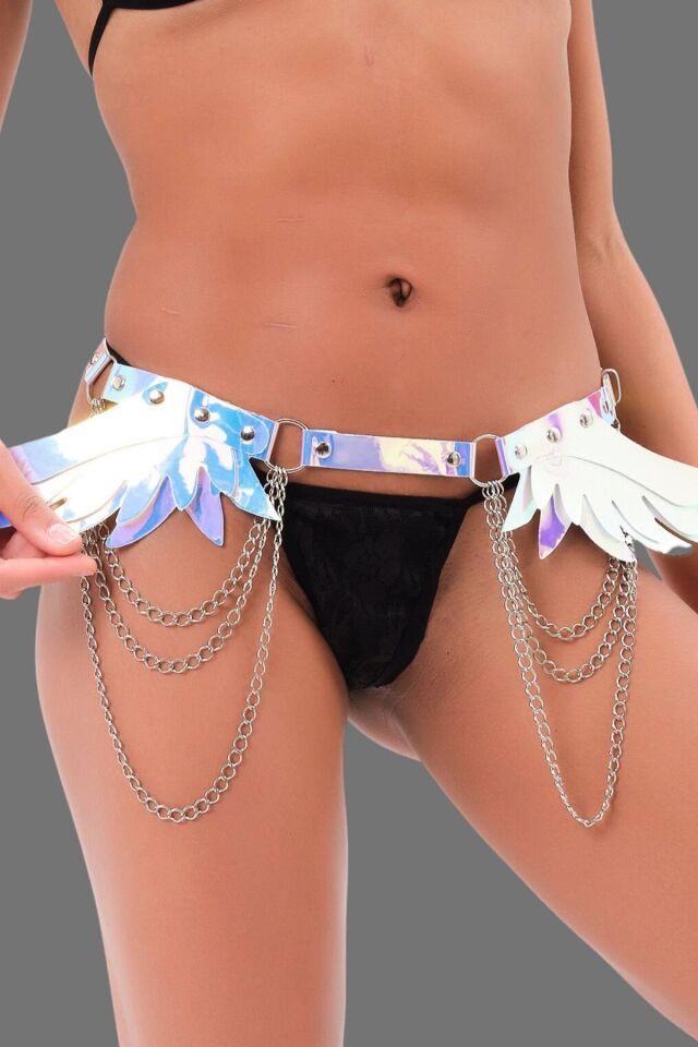 Aria's Closet Gümüş Yumuşak Deri Zincirli Fantezi Şık Kelebek Desen Harness
