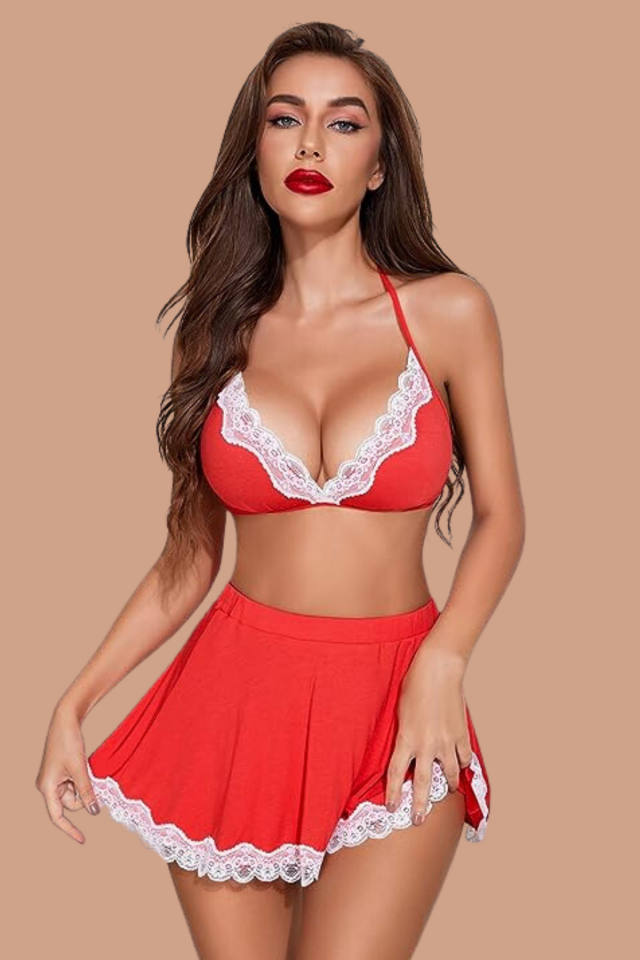 Aria's Closet Fantezi Şık Kenarları Dantel İle Süslenmiş Hizmetci Kostümü Kırmızı Beyaz