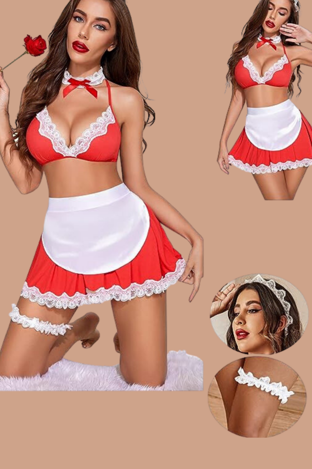 Aria's Closet Fantezi Şık Kenarları Dantel İle Süslenmiş Hizmetci Kostümü Kırmızı Beyaz