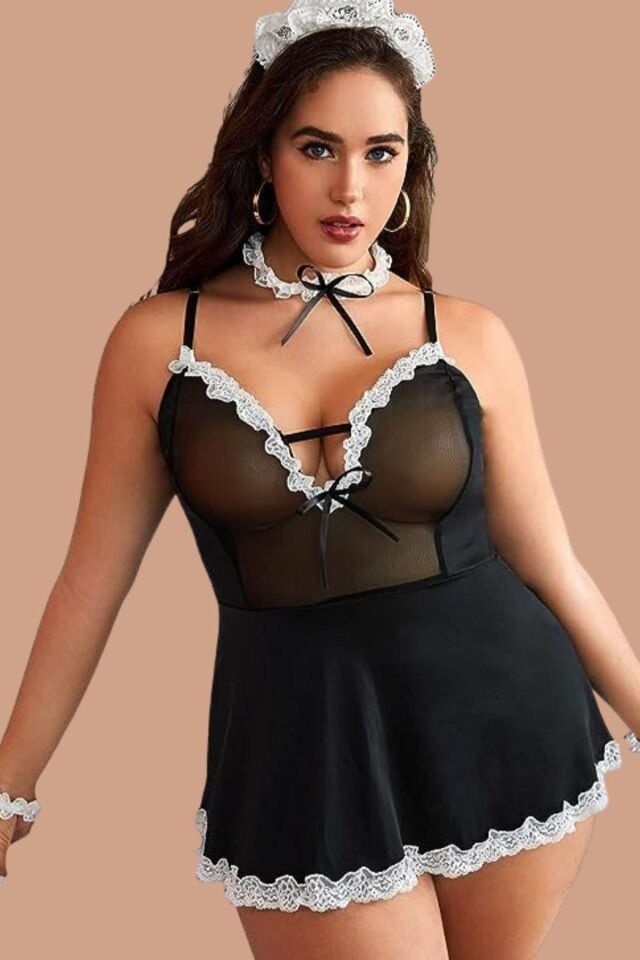 Aria's Closet Siyah Göğsü Tül İşlenmiş Şık Hemşire Kostümü