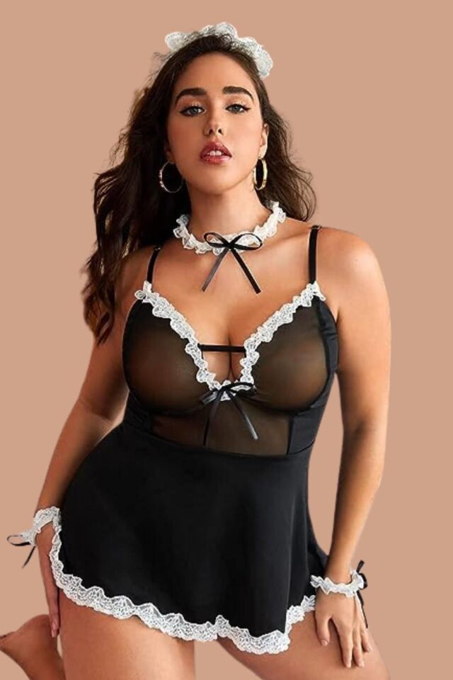 Aria's Closet Siyah Göğsü Tül İşlenmiş Şık Hemşire Kostümü
