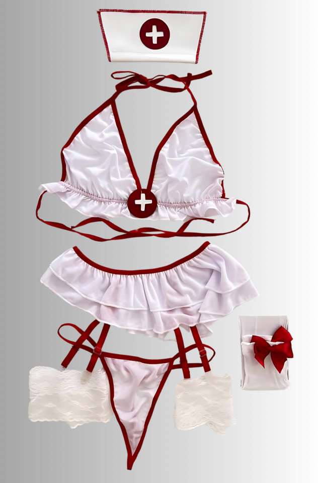 Aria's Closet Beyaz Hemşire Kırmızı İle Süslenmiş Şık Fantezi Kostüm