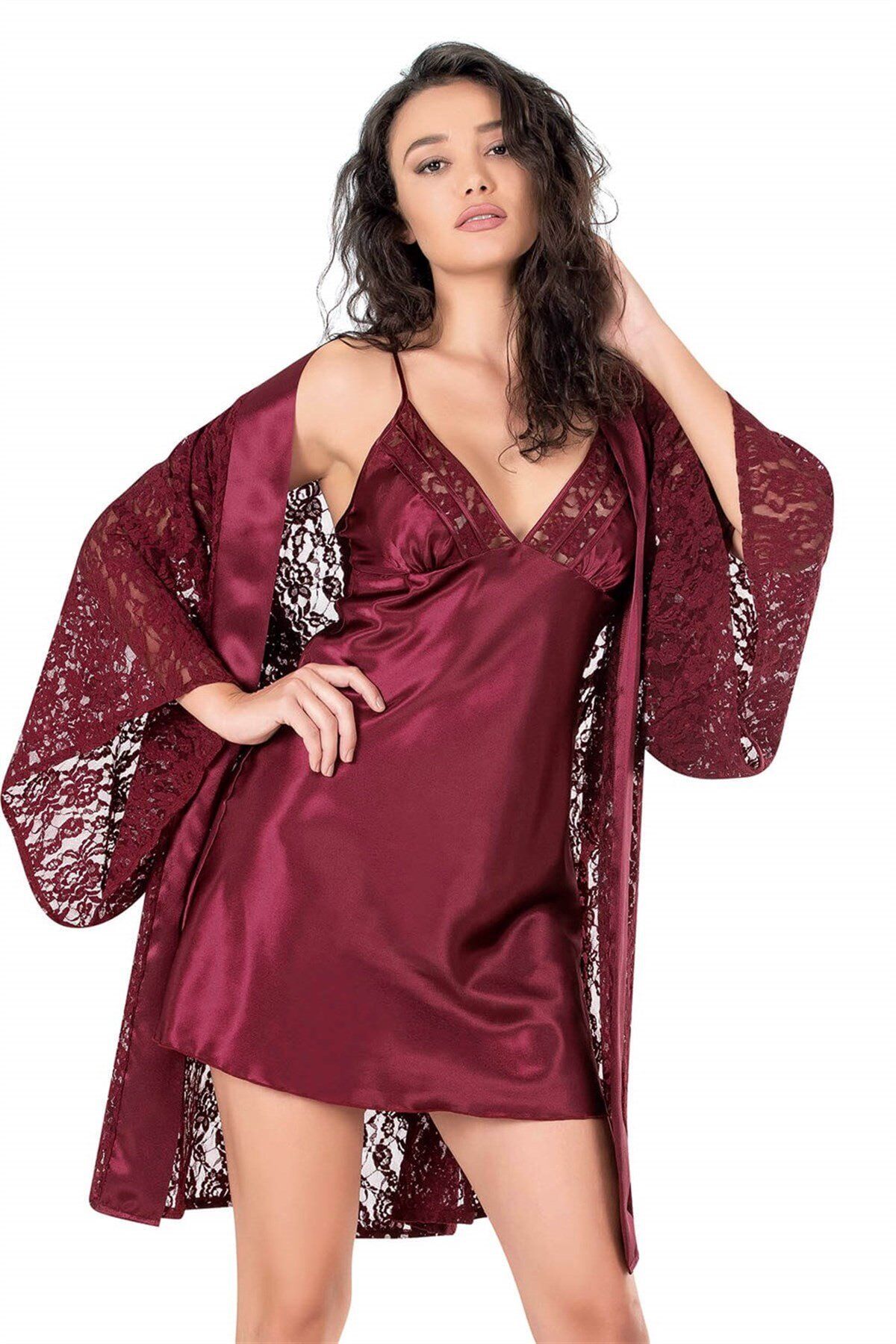 Aria's Closet Bordo Kısa İkili Saten Sabahlık Gecelik Takımı