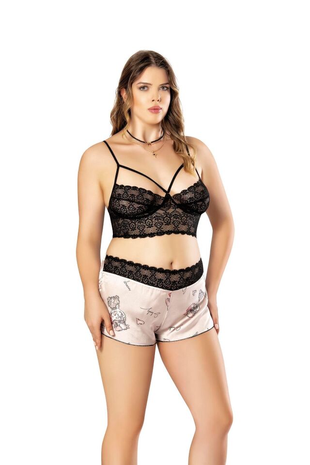 Aria's Closet Büyük Beden Altı Şirin Desenli Üstü Dantel Fantezi Şortlu Saten Gecelik