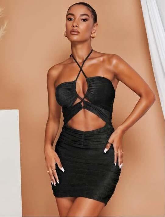 Aria's Closet Siyah Simli Boyundan Bağlamalı Göğüs Dekolteli Mini Club Elbisesi