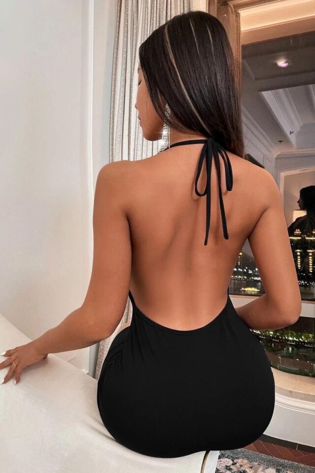 Aria's Closet Siyah Boyundan Bağlamalı Sırt Dekolteli Mini Club Elbisesi
