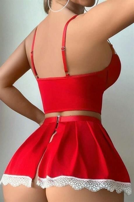 Aria's Closet Kırmızı Beyaz Bacak Aksesuarlı Büstiyerli Fantezi Hizmetçi Kostümü