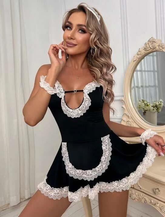 Aria's Closet Siyah Beyaz Aksesuarlı Dantelli Fantezi Hizmetçi Kostümü