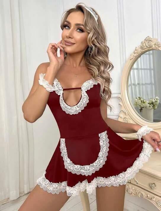 Aria's Closet Bordo Beyaz Aksesuarlı Dantelli Fantezi Hizmetçi Kostümü