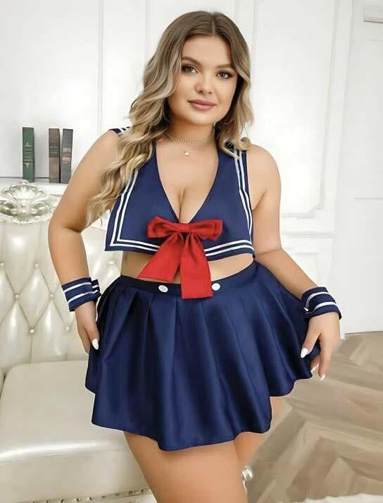 Aria's Closet Büyük Beden Lacivert Büstiyerli Kurdela Detaylı Mini Etekli Fantezi Denizci Kostümü