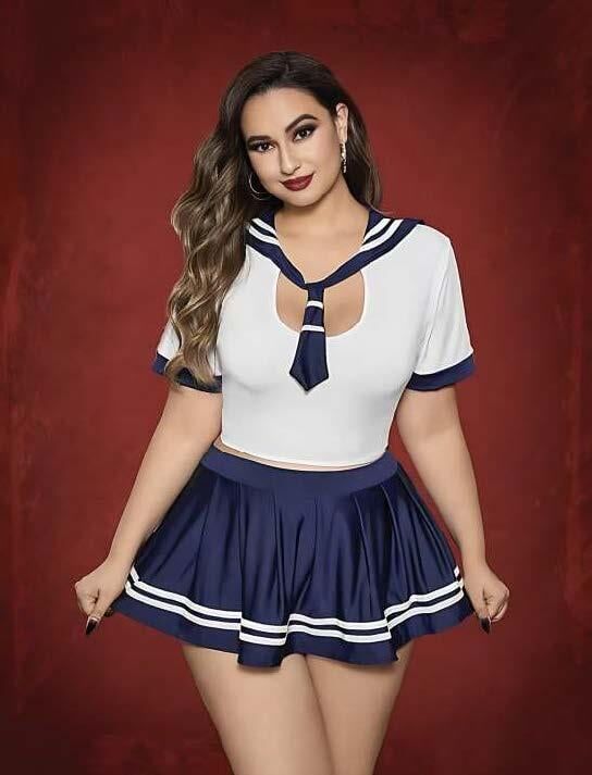 Aria's Closet Büyük Beden Lacivert Mini Etekli Fantezi Denizci Kostümü