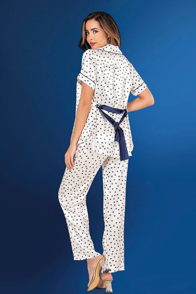 Aria's Closet Puantiyeli Saten 3'lü Ekru Pijama Takımı