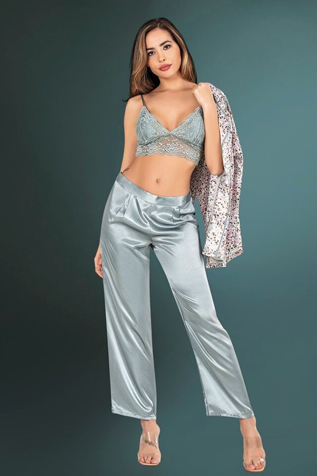 Aria's Closet Saten 3'lü Yeşil Büstiyer Pijama Takımı